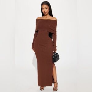 Fashion Nova Brown Off-Shoulder Sweater Dress